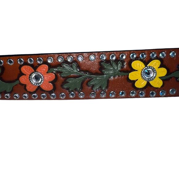 3-D Rhinestone Hand Tooled Hand Painted Leather Belt Bling Buckle Retro 38 main image 8